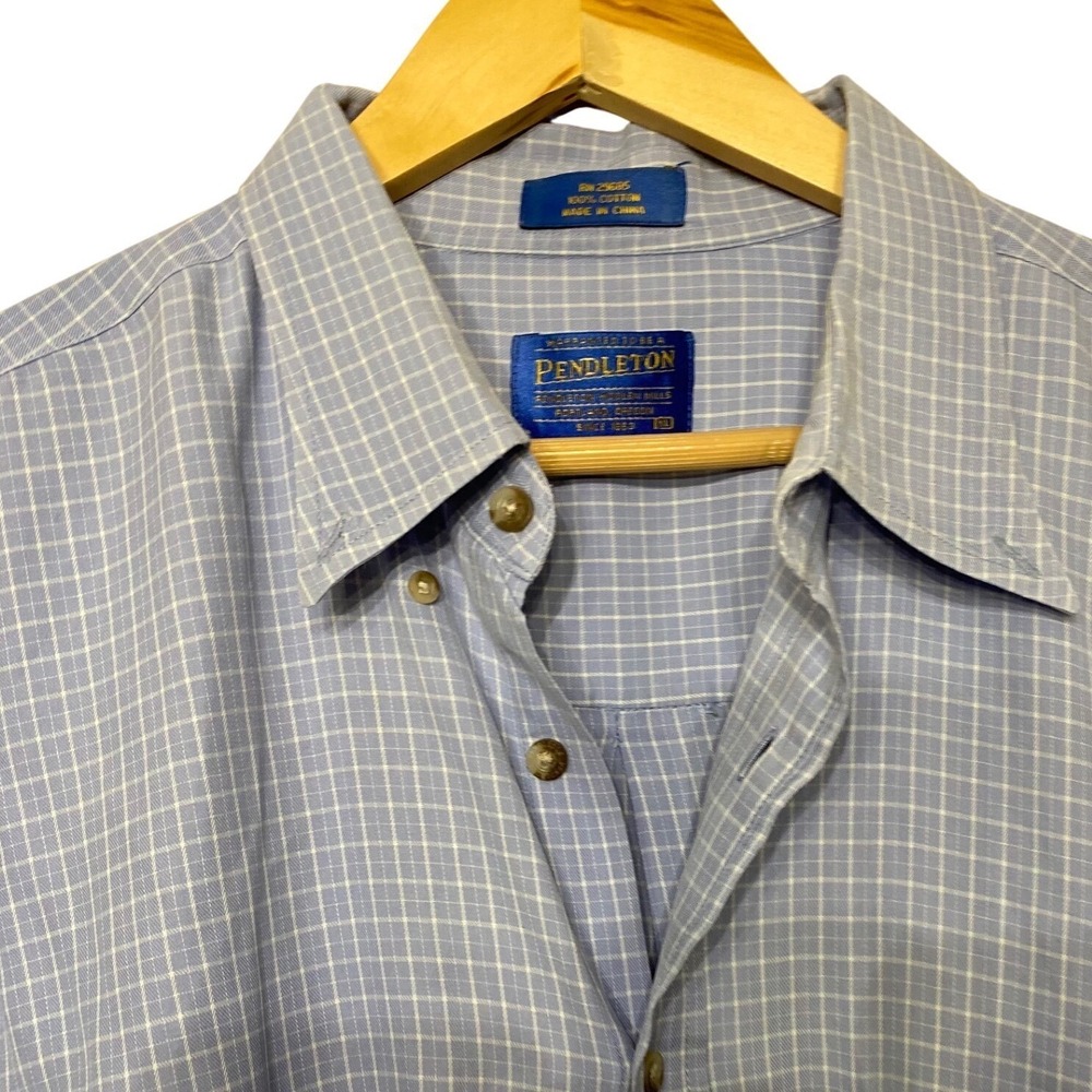 Pendleton Mens XL Blue White Grid Check 100% Cotton Long Sleeve Button Down Shir - Picture 3 of 5